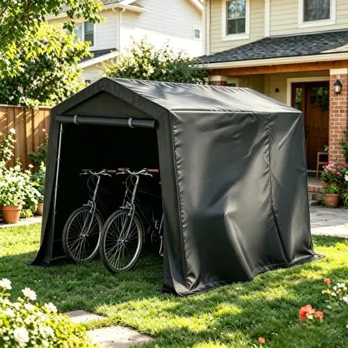 Outdoor Storage Shed Tent with Waterproof Cover, Windproof Portable Carport Garage Shelter with Roll-Up Zipper Door &