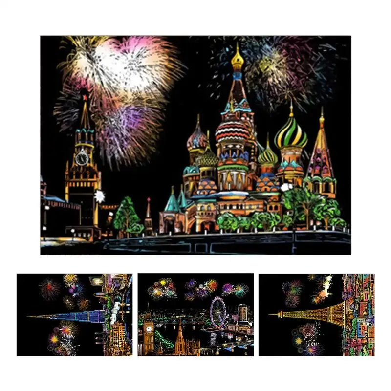 Scratch Painting For Adults 4 Sheets City Series Night View Scratchboard Engraving Art Set For Adults And Kids A4 Scratch