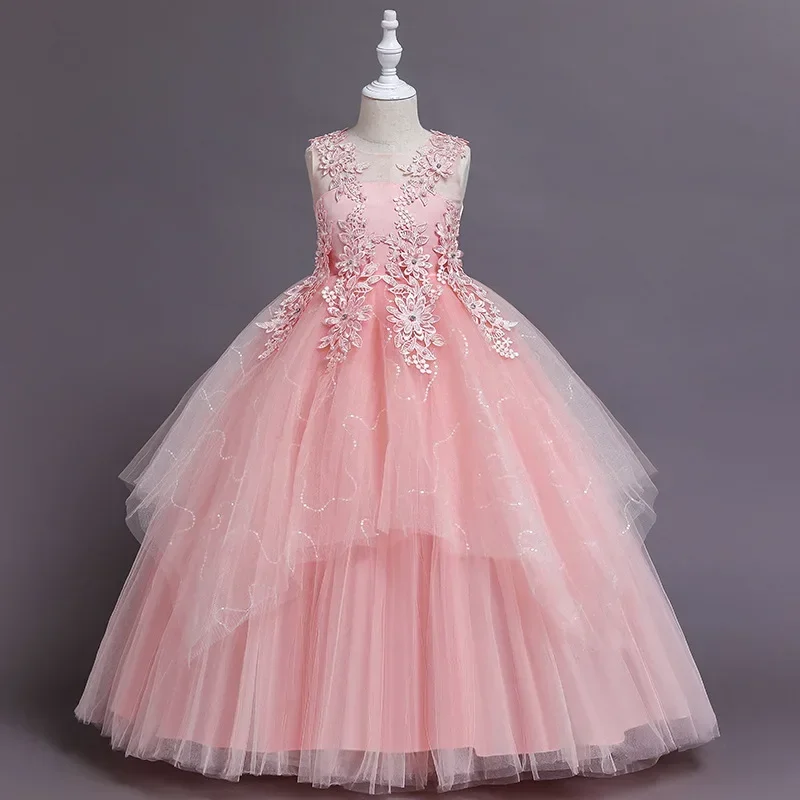 Flower Girl Dresses Children Wedding Princess Fluffy Gauze Dress Spring Summer Small Medium-sized O-Neck Floor-Length