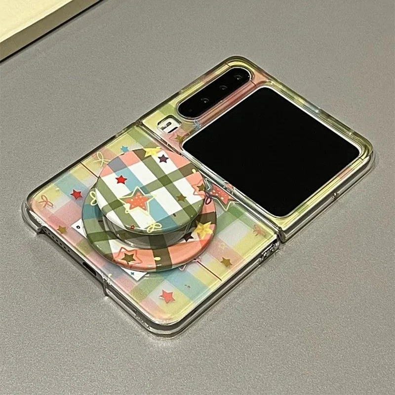 Magnetic Stand Case For Samsung Galaxy Z Flip7 ZFlip6 ZFlip5 Xiaomi Mix Flip 2 Cute Color Plaid Star Print Foldable Phone Cover