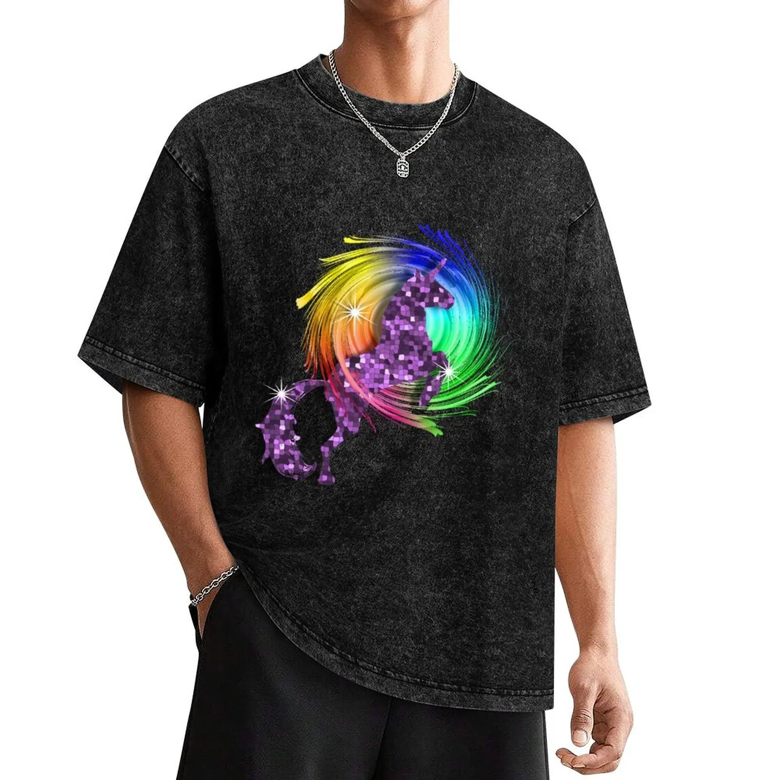 

Sparkly Glittery Effect Purple Unicorn And Rainbow T-Shirt vintage clothes heavyweights custom shirt anime clothes men tshirt