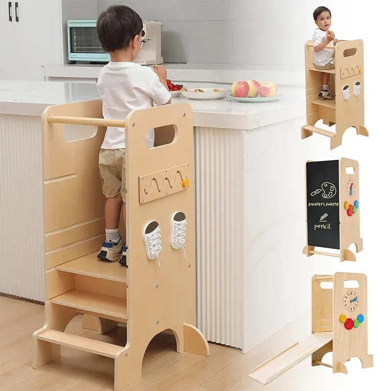 4-in-1 Children's Wooden Learning Tower, Children's Kitchen Stool, Baby Feeding Step Stool, Solid Wood Raised Stool