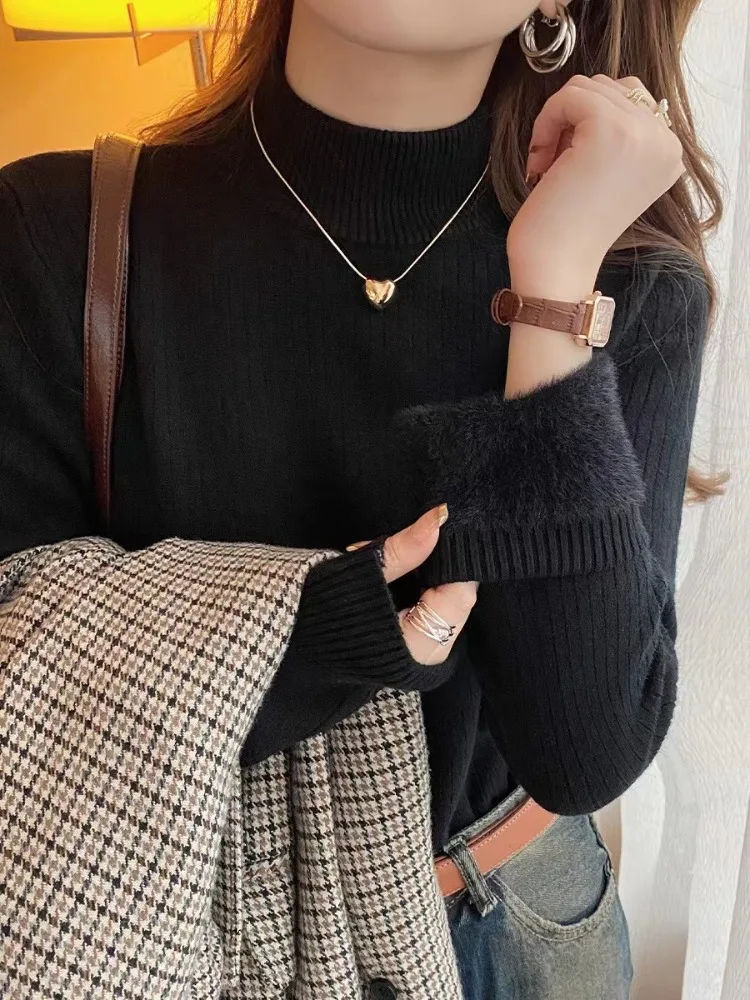 NEW Fashion  Winter Half High Collar Velvet Cozy Sweater Women Autumn Solid Color Casual Soft Knitted Top Long Sleeve Knitwear