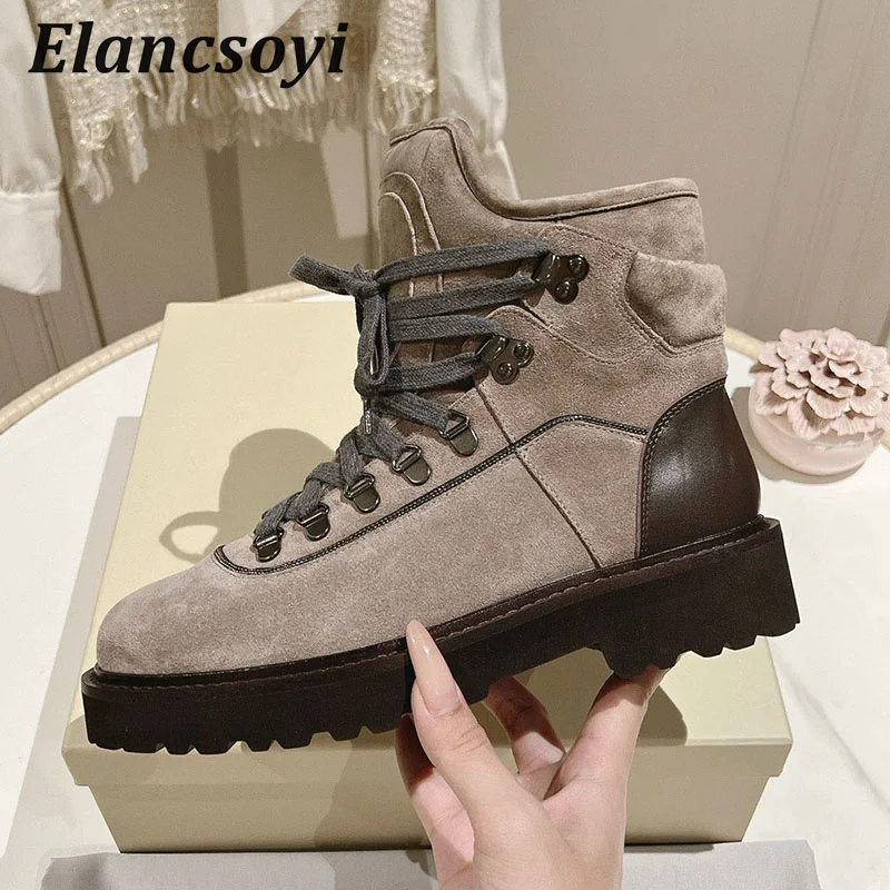 Winter women frosted real metal round toe lace up thick soled ankle boots versatile short boots for commuting in autumn winter