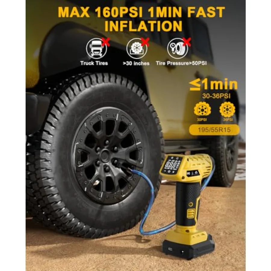 Portable Air Compressor for Inflating Tires 160PSI High-Pressure Portable Air Pump with Large Full-Screen Digital Pressure Gaug
