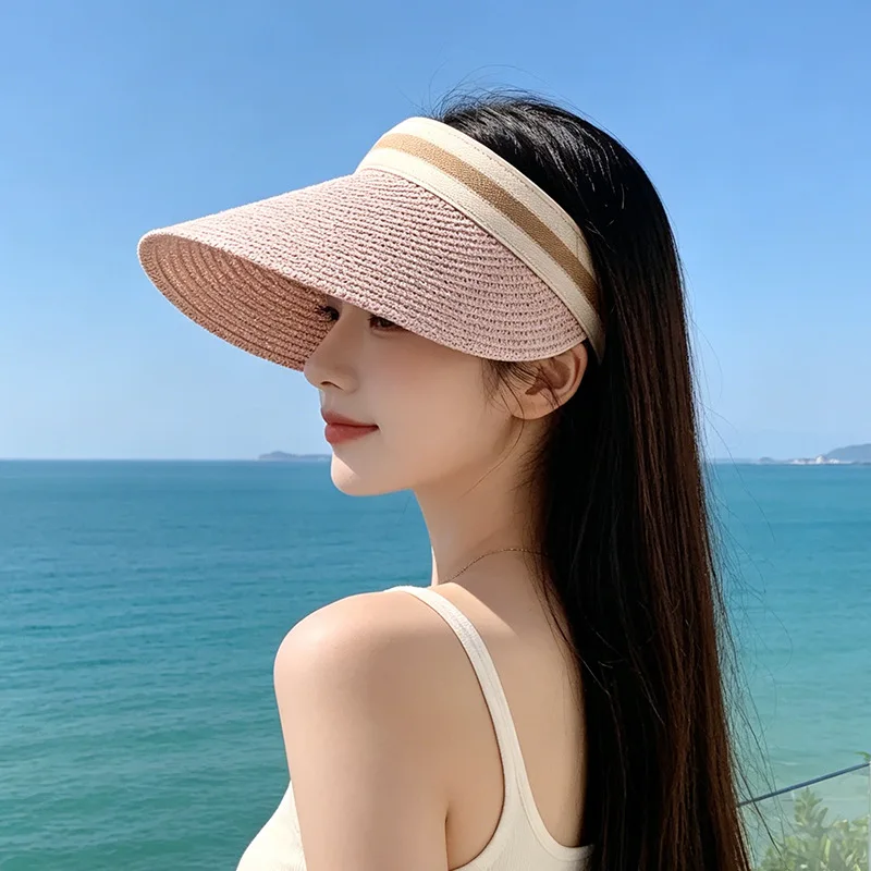 Customized Embroidered Logo Outdoor Sunscreen Ceiling Straw Hats Women's Summer Versatile UV Resistant Travel Sun Protection Cap view 2