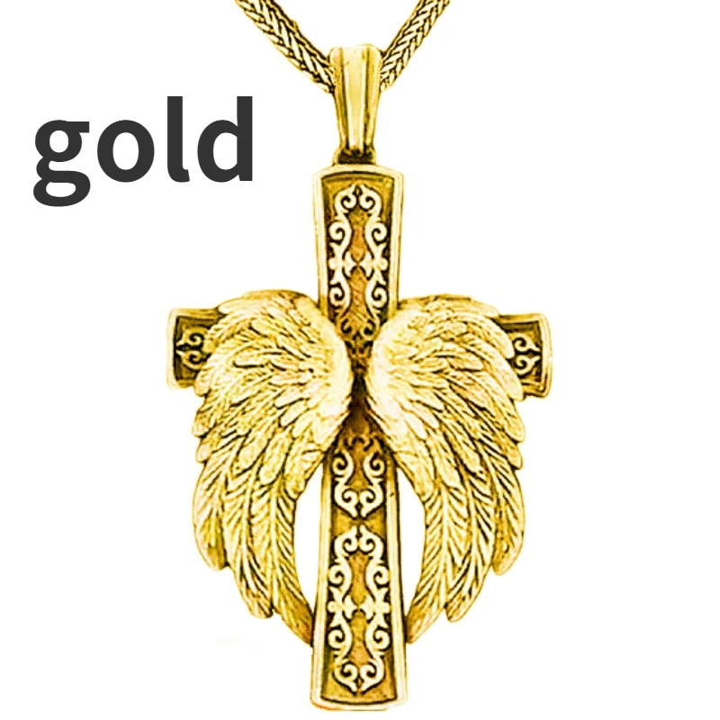 Fashion Cross Necklace Religious Belief Jesus Cross Angel Wings Pendant Hip Hop Necklaces for Men Cross Jewelry Anniversary Gift