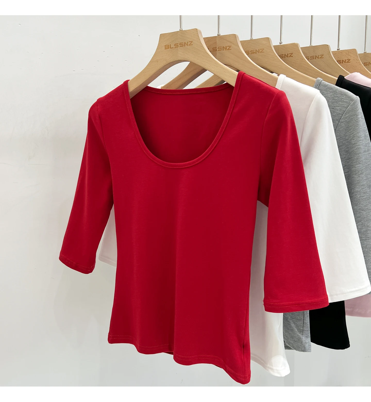 Zjaiss Women's White Base Top 2026 New U-Neck Three-Quarter Sleeve Tee for Spring & Summer Solid Versatile Casual Simple T-Shirt