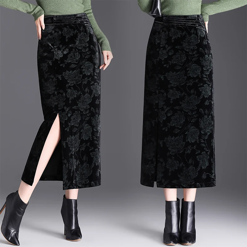 

New Chinese Sle Gold Velvet Asymmetrical Skirt Women's Autumn Winter Loose Fit High Waist Long Straight Tube Skirt