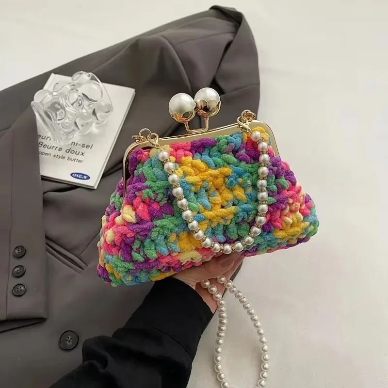 

Fashion Knitted Crossbody Bag 2025 New Pearl Chain Shoulder Bag Fashion Crossbody Bag Multi Functional Commuter Handbag