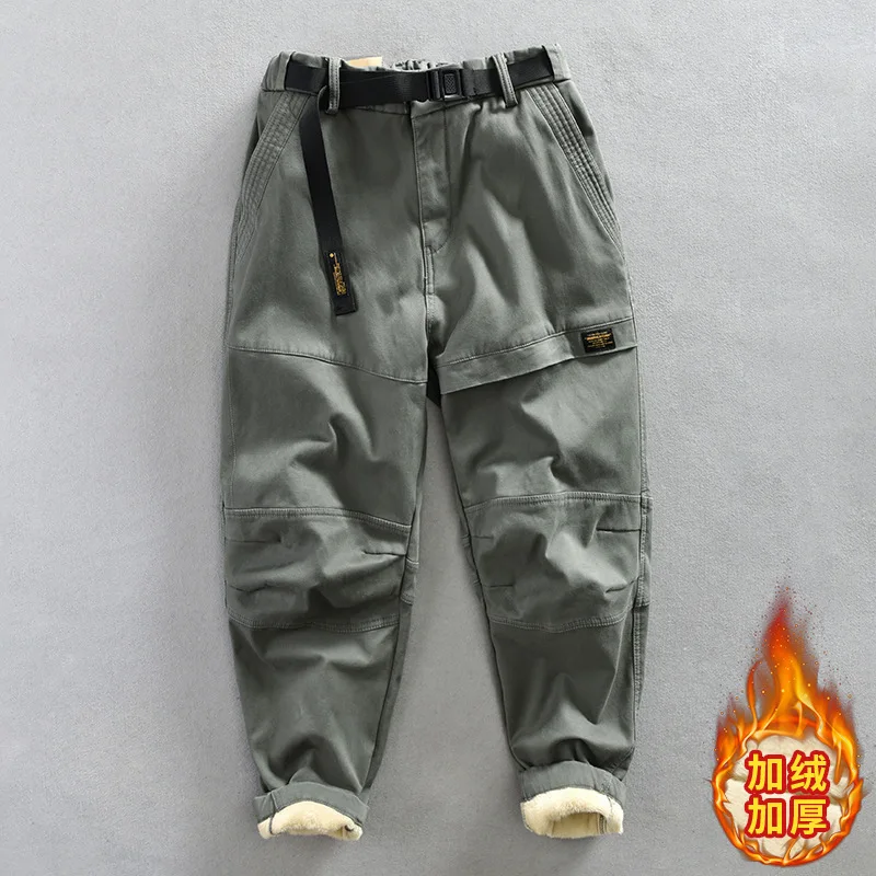 

Autumn Winter New Men's Cargo Velvet Pants Loose Belt Comfortable Soft Cotton Multi Pockets Retro Street Trousers