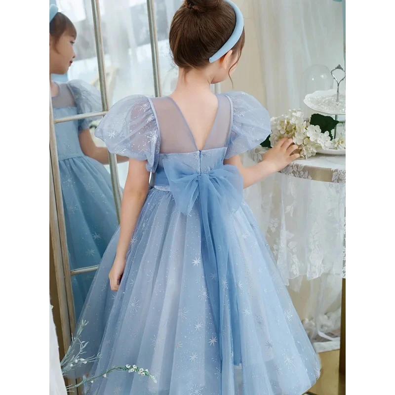 ใหม่ Elsa Light Blue Elegant ชุดเจ้าหญิงโบว์ใหญ่เด็กผู้หญิงเงาชุดผ้าพันคอสําหรับ Grand อย่างเป็นทางการพิธีวันเกิด Carnival Party