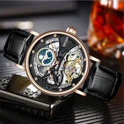 Kinyued New Men Mechanical Automatic Watch Business Leather Strap Watches Luminous Hands Moon Phase Two Time Zone Display Watch