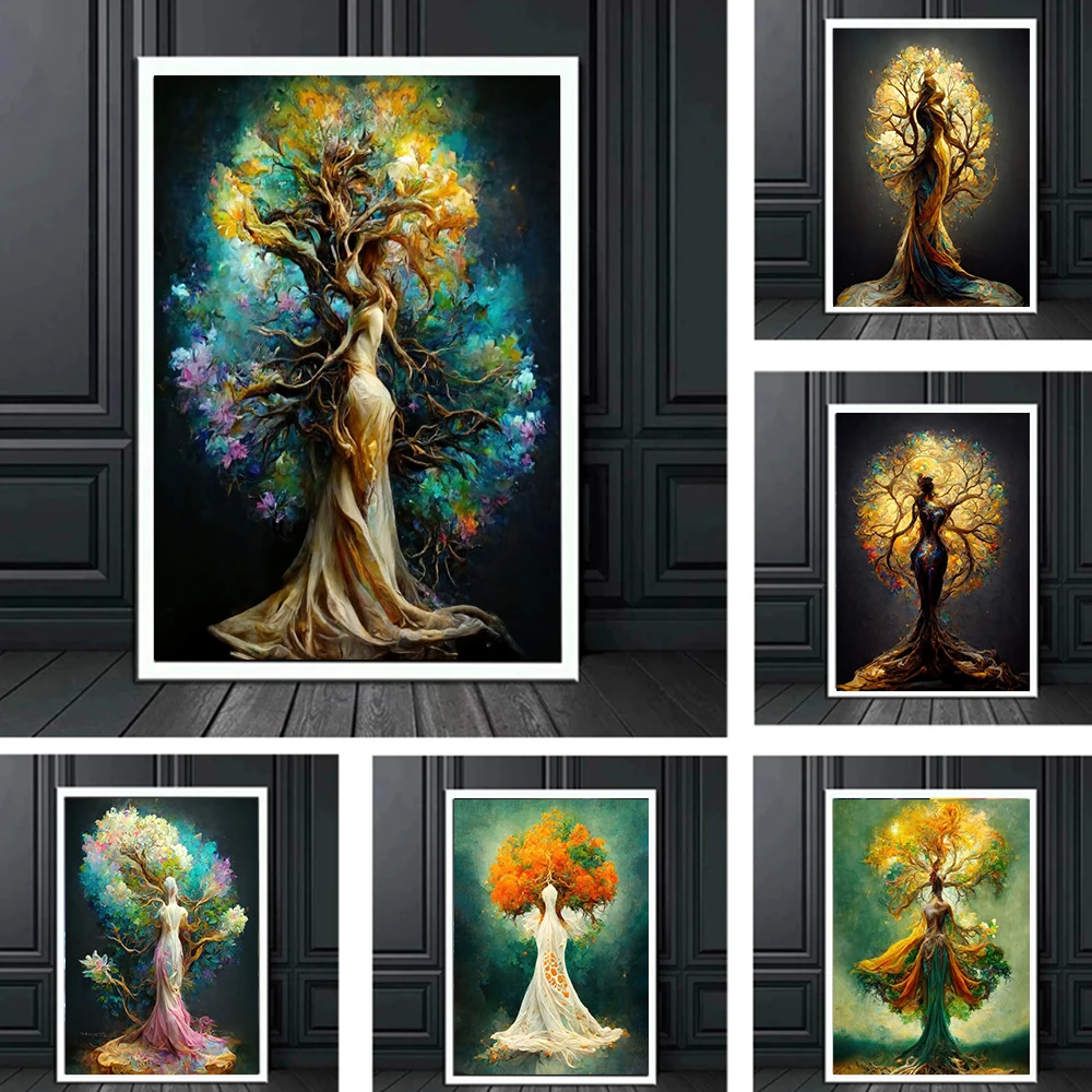 Abstract Magic Tree of Life Halo Flower Tree Canvas Print Nature Flower Fairy Terra Gaia Goddess Poster Painting Girl Room Decor