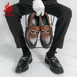 STRONGSHEN Men Leather Shoes Platform Loafers Thick-soled Patent Leather Wedding Shoes Formal Business Shoes Slip-on Casual Shoe