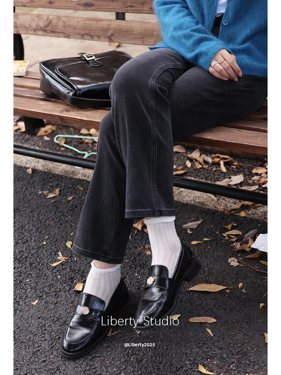 Casual Fce Lined Denim Trousers High Waist Button Detail High Comfortable Autumn Commute Sle Women's Ankle Length Pants