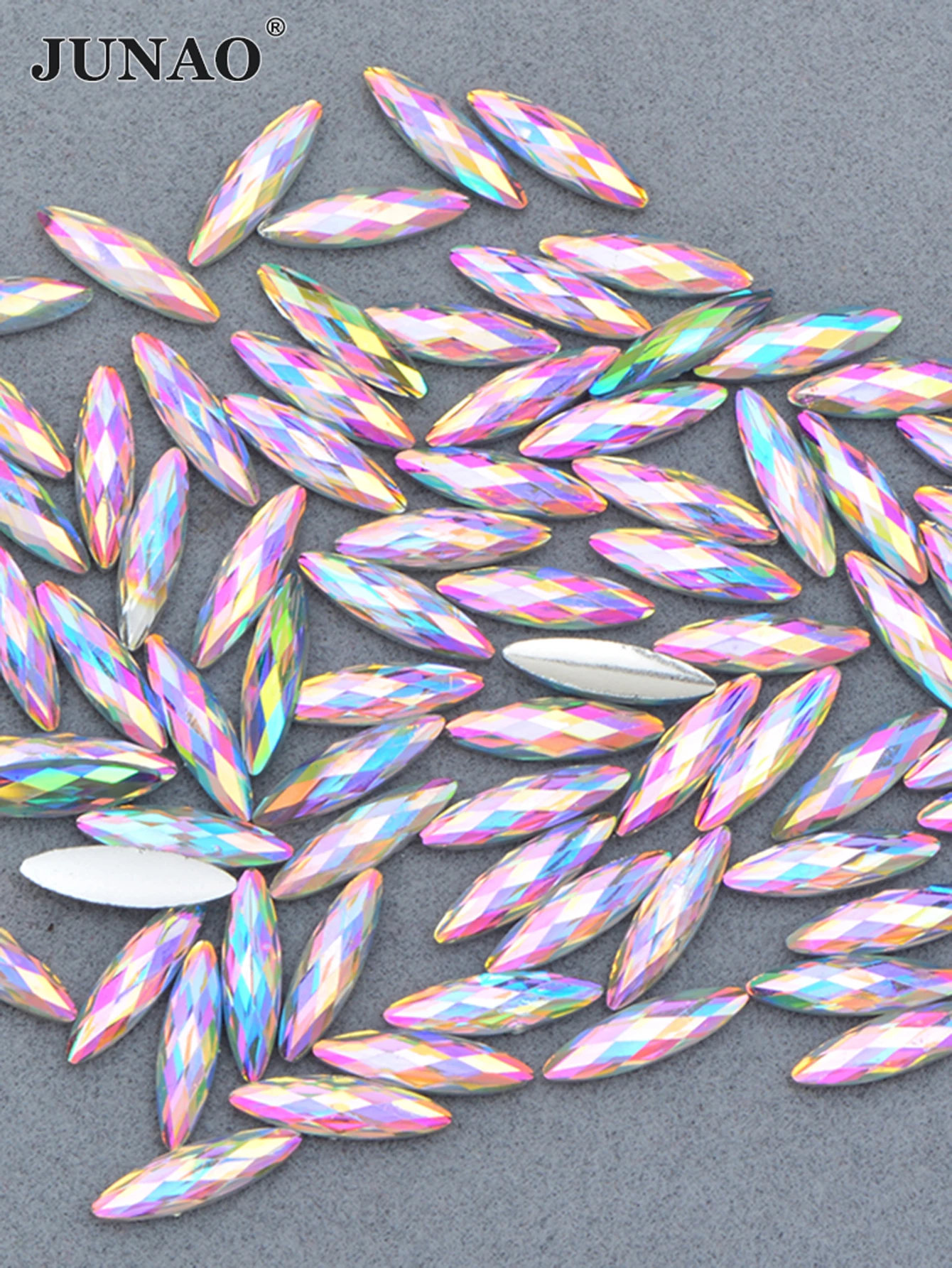 JUNAO 100pcs 4*15mm Pink AB Nail Art Rhinestones Flatback Strass Diamond Horse Eye Resin Crystal Stone Face Nail Decoration