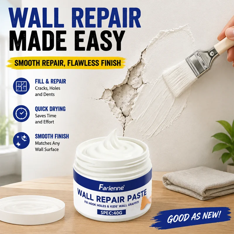 Farienne Wall Repair Paste For Cracks Holes And Dents Quick Dry Smooth Finish Indoor Wall Patch Filler With Brush 40G