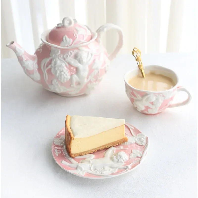 European Court Style Afternoon Tea Ceramic Relief Coffee Cups Creative Angel Dim Sum Dish Versatile Scene Drinking Utensils