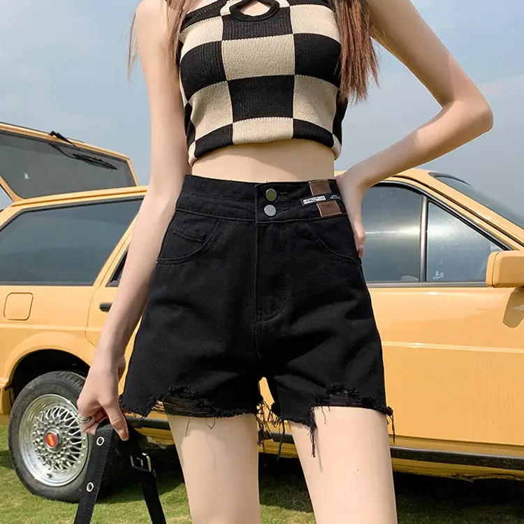 American Style High Waist Loose Women's Jeans Shorts Summer New A-Line Slim Wide Leg Frayed Hot Pants Casual Style