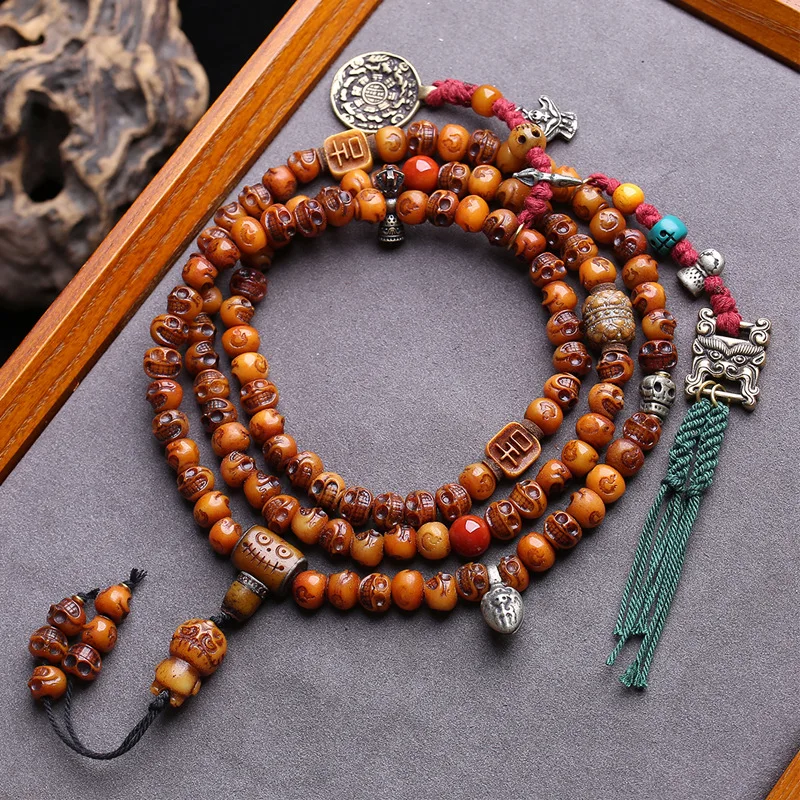 108 Of Yak Bone Buddhist Prayer With- Beads, Hand-Held Three-Way Connector, Cloud-Shaped Pendant,