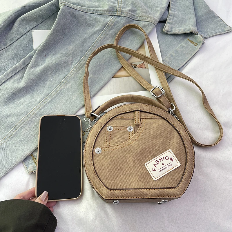 Runde Handtasche Retro Shoudler Taschen für Frauen 2024 Mini kleine Umhängetasche klassische Pu Griff Geldbörse Bolasas runde Einkaufstasche – Detail 12