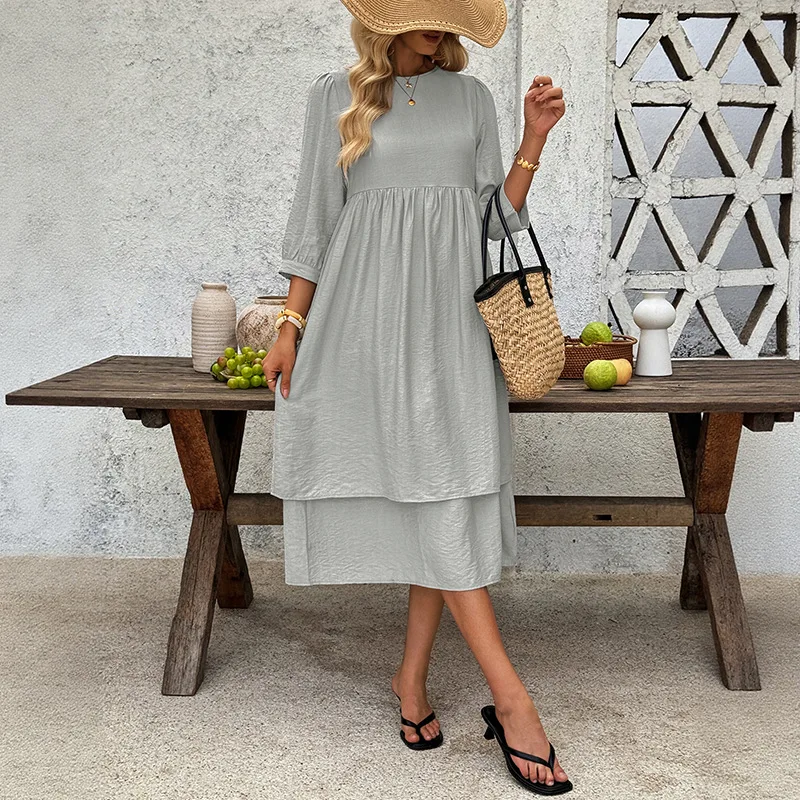 Férias lazer simples vento em torno do pescoço em camadas manga de cinco pontos solto vestido de cor sólida