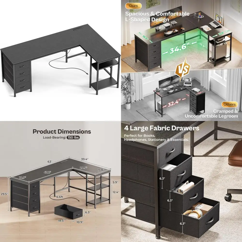 

63 L-Shaped Gaming Desk with Fabric Drawers, Reversible, Power & USB-C Ports, Adjustable