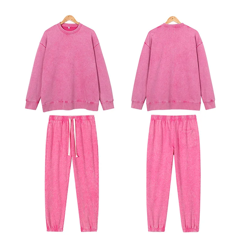 

Loose Fit Man Cotton Washed Crew Neck Sweatshirt Set for Spring High Street Vintage Retro Tracksuit Hip Hop Y2k Sweatpant Suit