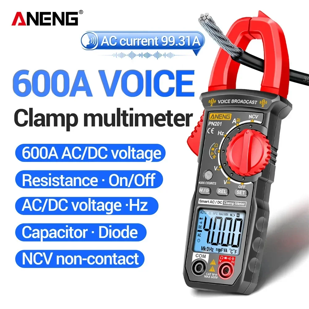 

ANENG PN201 Clamp Multimeter DC/AC Voice Meters Current Voltage Tester 4000 Counts MultIitester NCV Ohm Capacitance Test Tools