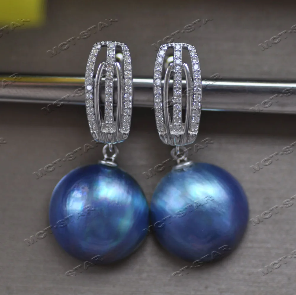 

Z12549 A+ Real 15mm Blue South Sea Mabe Pearl Dangle Earring 925Sliver CZ