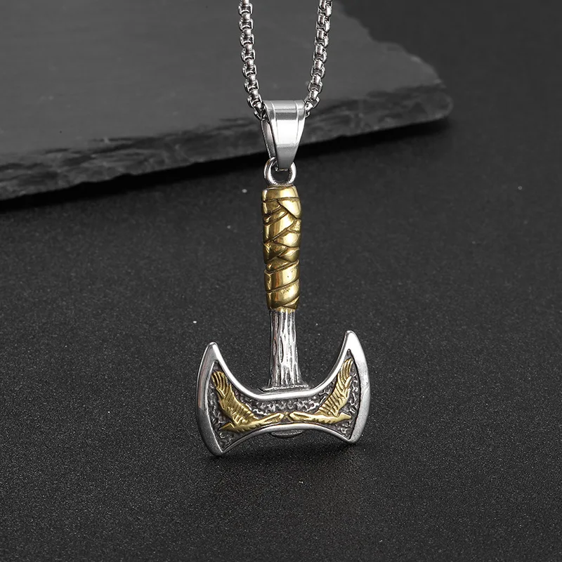 European and American Nordic Viking Double-Headed Ax Titanium Steel Pendant European and American Men's Hip-Hop Fashion Stainless Steel Pendant Necklace Jewelry