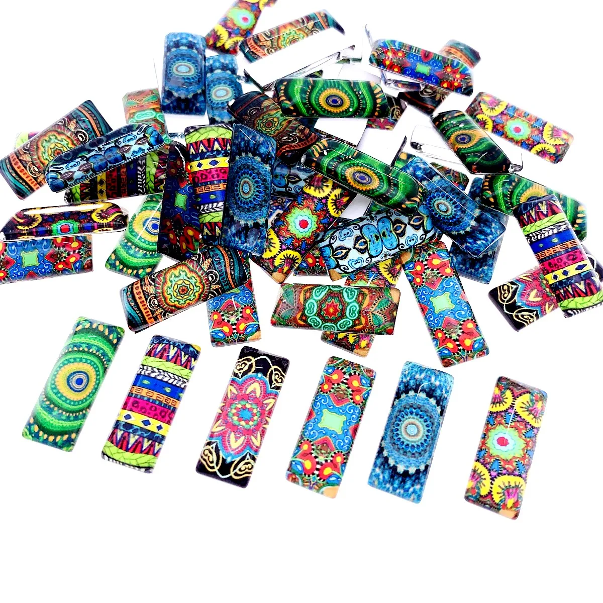 Onebeading 10x25mm Mixed Colorful flower Rectangle Glass Cabochon Dome Jewelry Finding Cameo Pendant Settings 10pcs(5pairs)