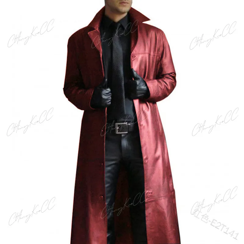 Man Fashion Steampunk Pu Leather Trench Coat Solid Color Long Lapel Gothic Spring Autumn Jacket Vintage Faux Leather Outerwear