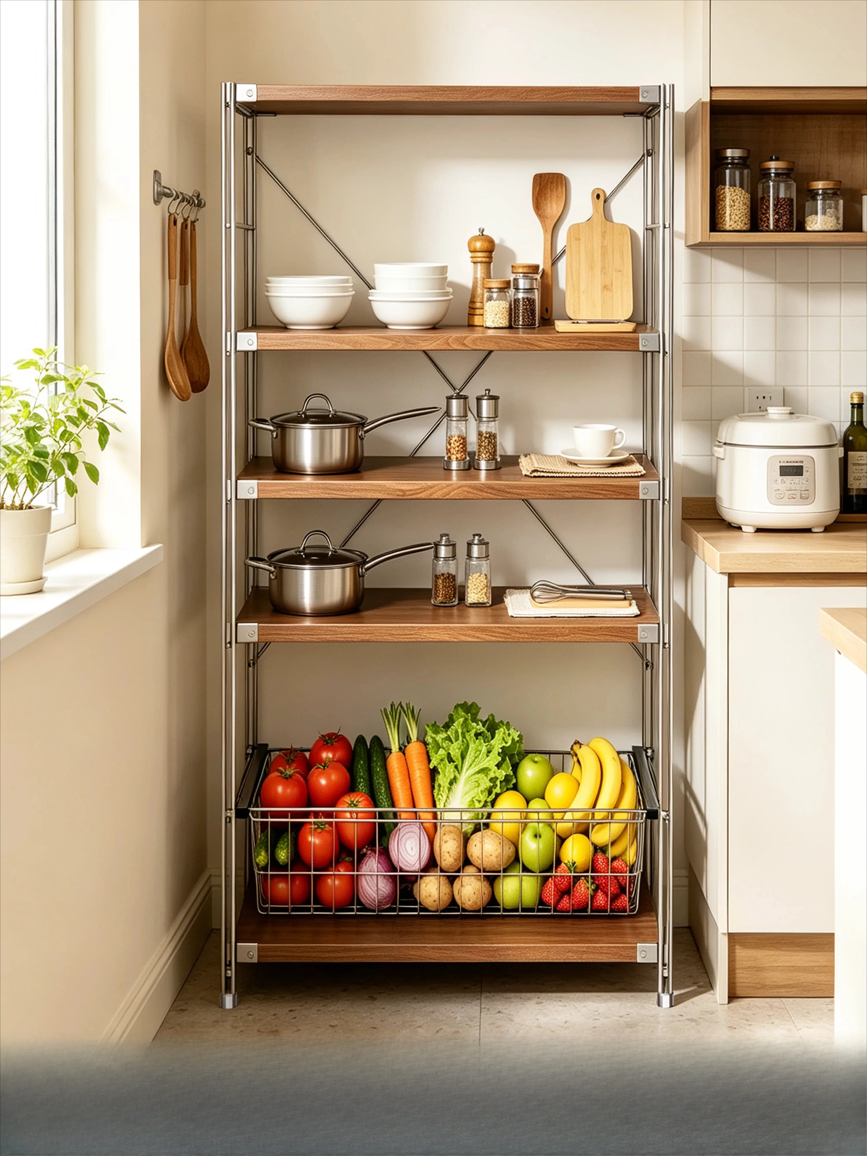 LMM Japanese stainless steel solid wood multi-layer moisture-proof 41 deep oven floor-to-ceiling storage rack