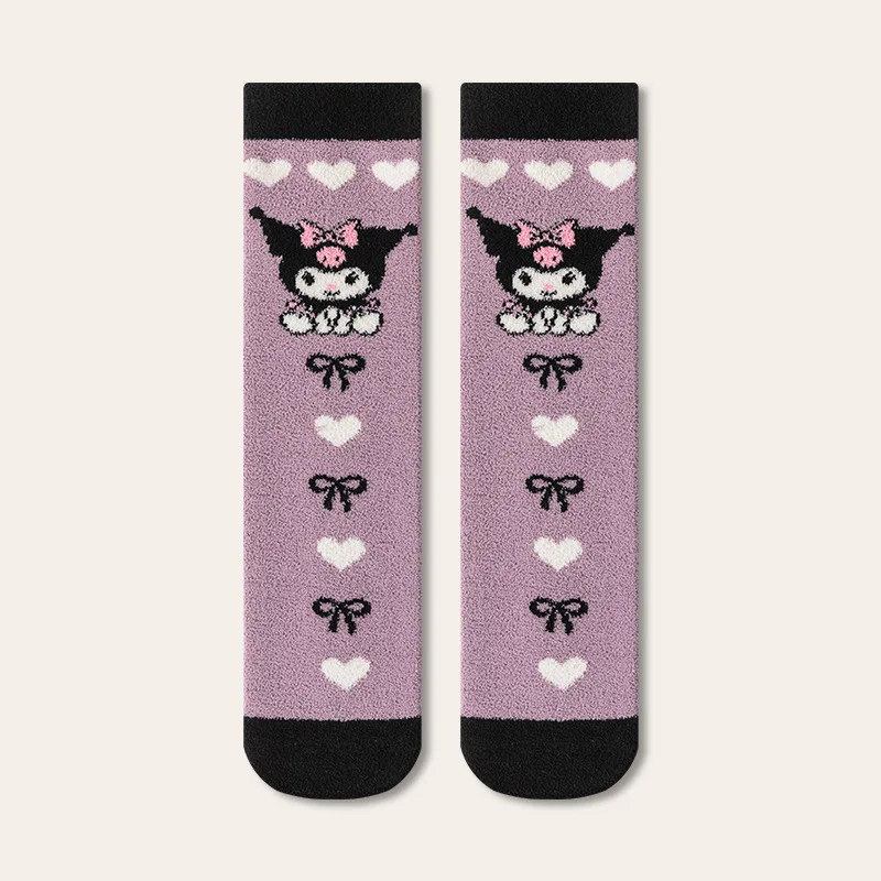 Sanrio Kuromi calcetines para niños Otoño e Invierno calcetines gruesos de terciopelo coral hasta la pantorrilla niñas bebé lindas medias cálidas de dibujos animados