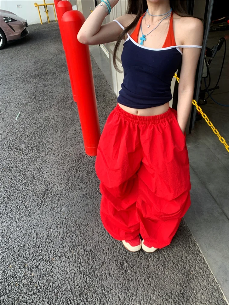 Y2K 레드 카고 바지 여성 하라주쿠 헐렁한 스웨트 팬츠 streetwear 와이드 레그 조깅 갸루 한국 캐주얼 바지 Paratrooper Workwea