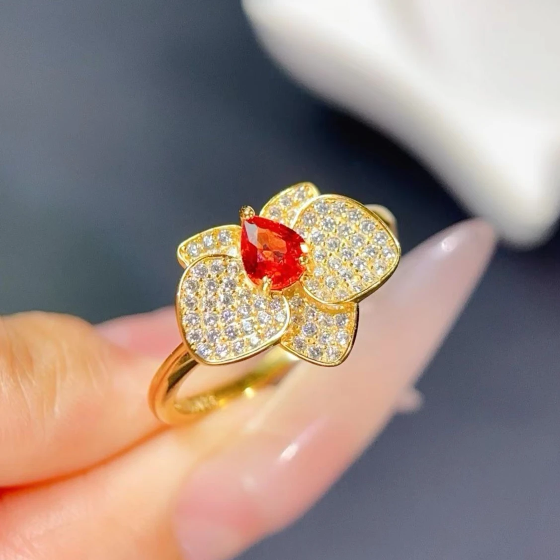 Certified Natural Red Sapphire 925 Silver Ring Pear Shape Gemstone Pave Accent Stones Flower Statement Jewelry