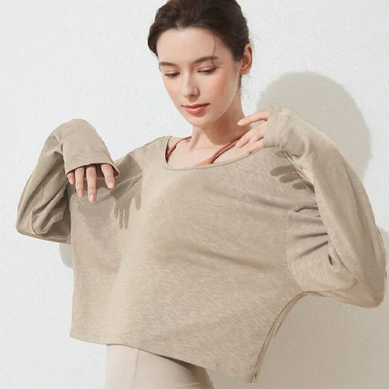 Damskie koszulki oversize ze 100% bawełny, bluzki z długim rękawem, koszulki do biegania, jogi, topy, koszulki do ćwiczeń, odzież dla młodych kobiet. — zdjęcie 4