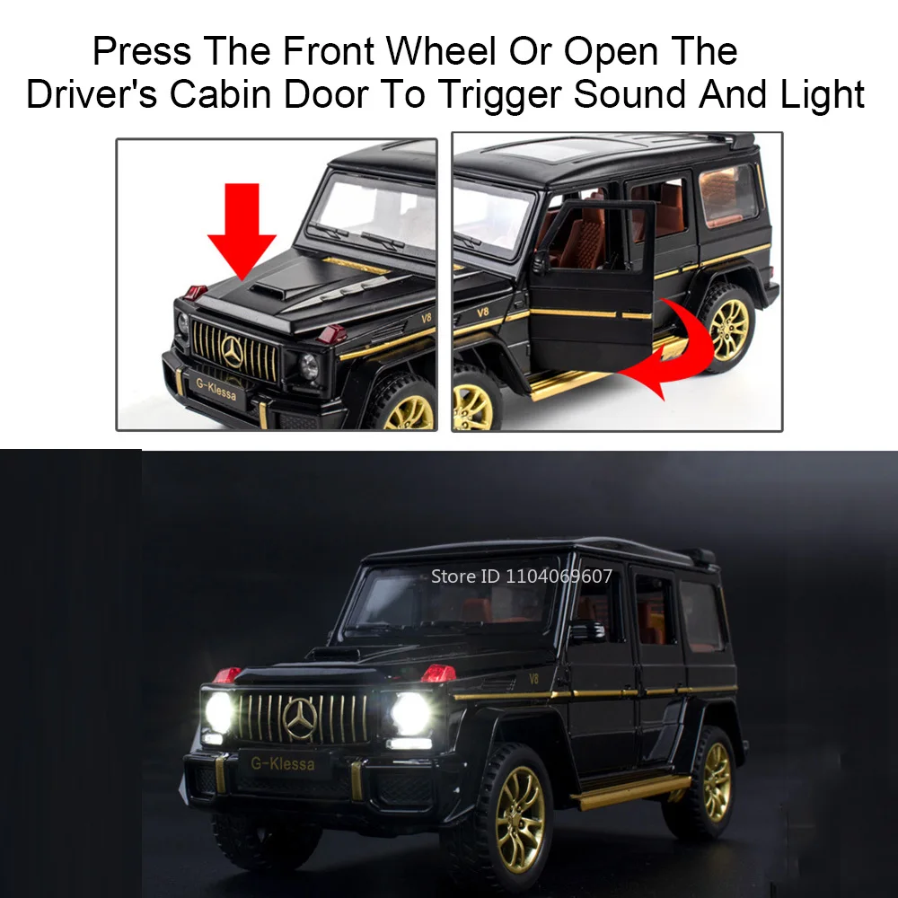 1:32 G63 modelo en miniatura de coches de juguete, aleación de sonido fundido a presión, luz, 6 puertas, neumáticos de goma abiertos, vehículos de simulación, regalos para niños