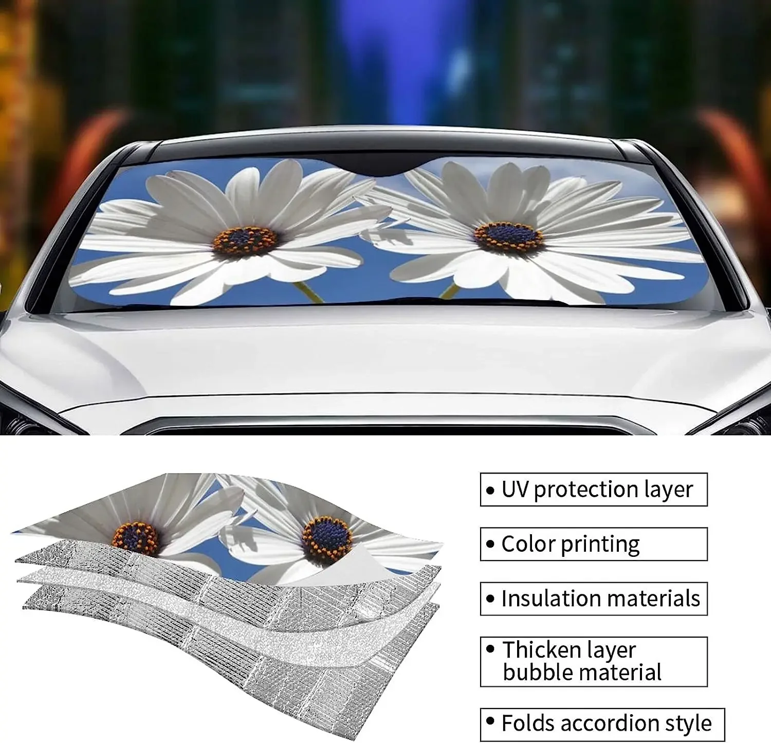 Two Daisy Sunshade for Car Windshield for Women Men Blocks UV Rays Sun Visor Protector Sun Shade Cover Fit Truck SUV 51x27.5 In