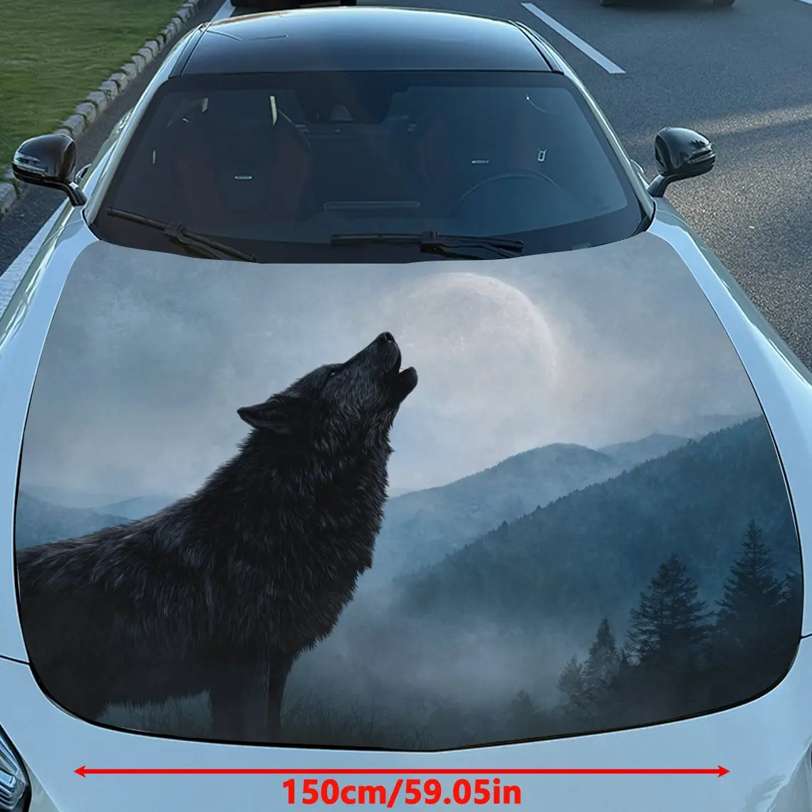 ملصق غطاء محرك السيارة على شكل ذئب يعوي على اكتمال القمر في الغابات الجبلية، شارات رسومات من الفينيل ذاتية اللصق مقاومة للماء، D