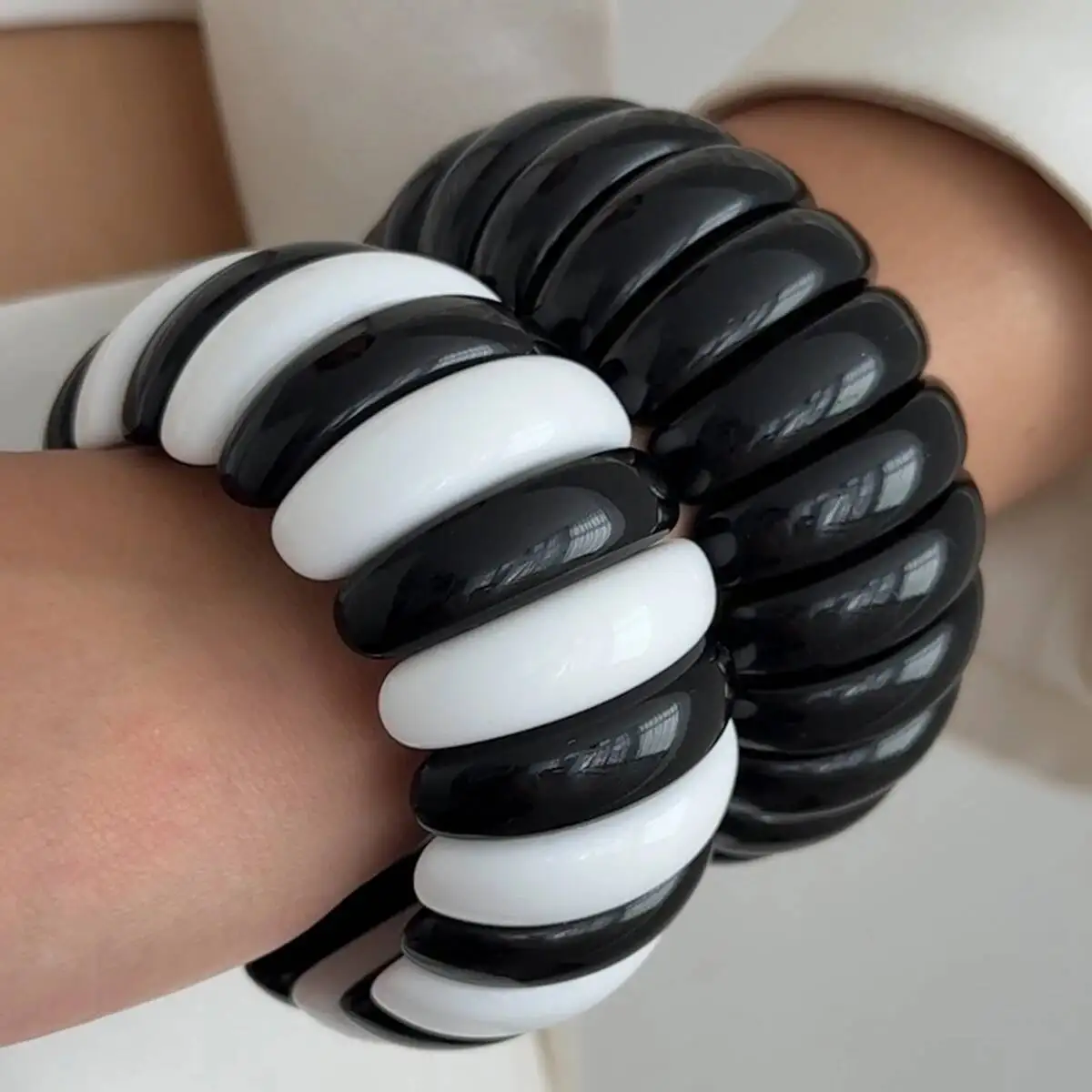 KunJoe Minimalist Black White Thick Acrylic Bracelet for Women Punk Irregular Beaded Resin Wide Bracelet Party Elastic Bangle