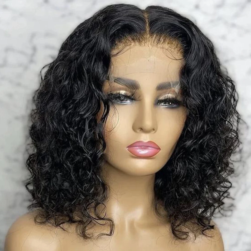 

Brazilian Deep Wave Bob Wigs 13x4 Lace Front Wig Middle T Part HD Transparent Lace Frontal Wig Curly Human Hair Wigs 180%