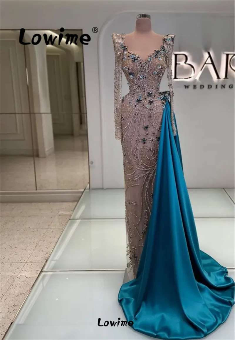 Elegant Aso Ebi Crystals Mermaid Prom Dress Long Sleeve Sequined Lace Evening Formal Party Second Reception Gowns Custom Made