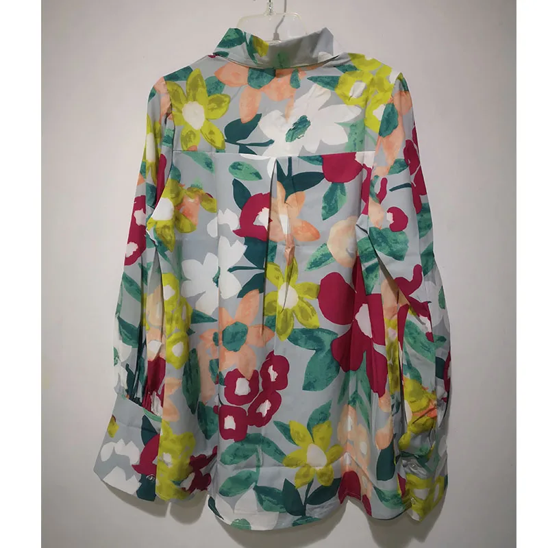 2023 Spring Fashion Lapel Lantern Sleeve Blouses Office Lady Vintage Floral Print Shirts Tops Button Up Long Sleeve Shirt 21620