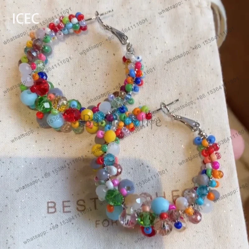 Summer dopamine vacation wind colored glass beaded circle ear buckle exquisite and sweet