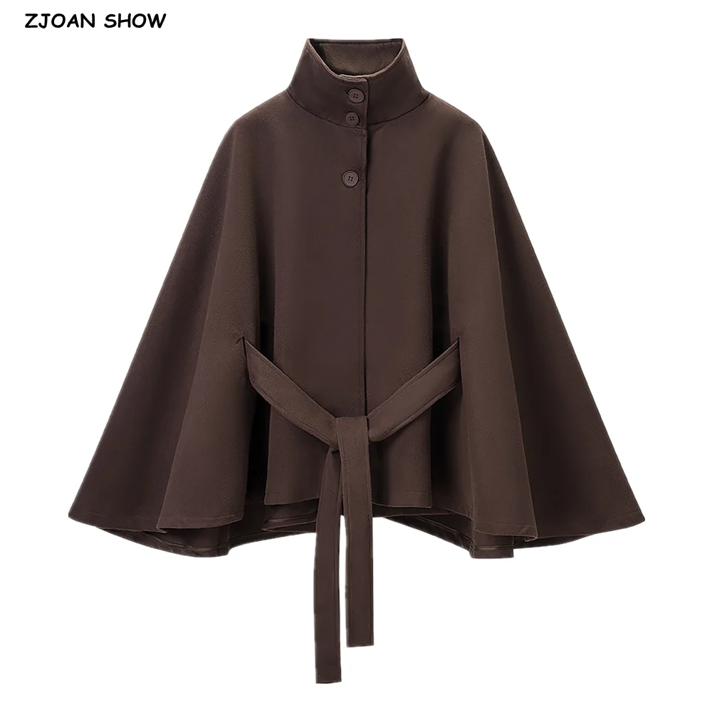

5 colors New Autumn High Collar Woolen Cape Coat Tie Bow Sashes Long Bat Sleeve Front Buttons Cloak Shawl Jacket Loose Outerwear