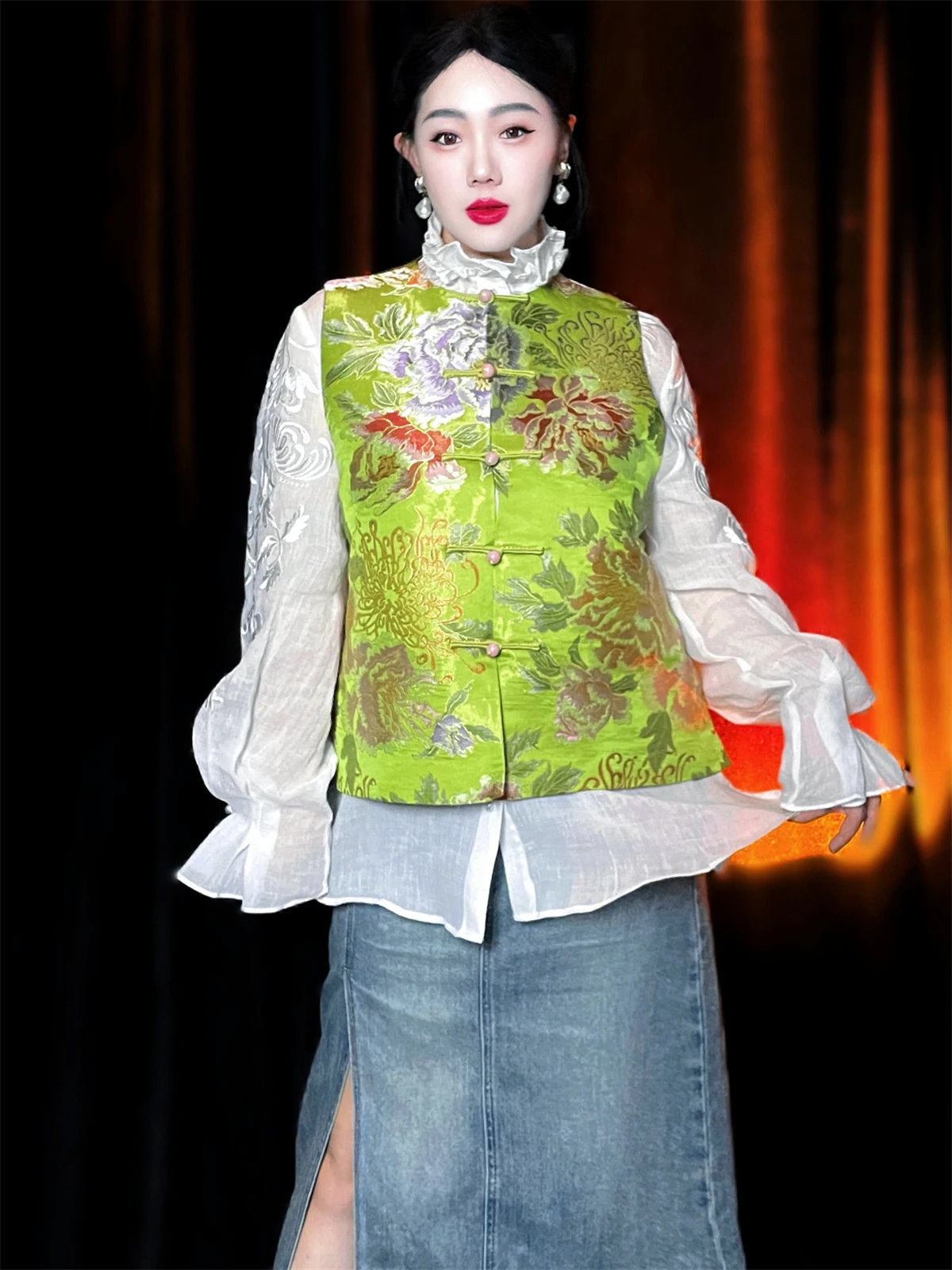 

Новый китайский шелковый жилет из парчи с пуговицами, свободного кроя, с круглым вырезом, без рукавов, в традиционном стиле Тан