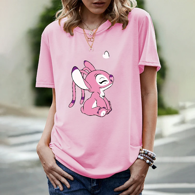 Kawaii Stitch Angel T Shirt for Women Summer Pink Tees Cartoon Printed Female Short Sleeve Tee Tops Cute O Neck Woman Tee Shirt